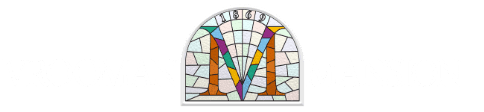 Logo of Vrooman Mansion featuring a stained glass design with the letter "M."