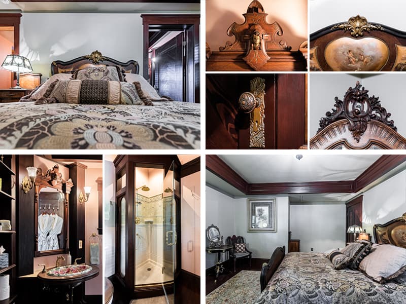 2nd Floor: Fern Suite Queen size bed with view of bathroom door and west side windows.