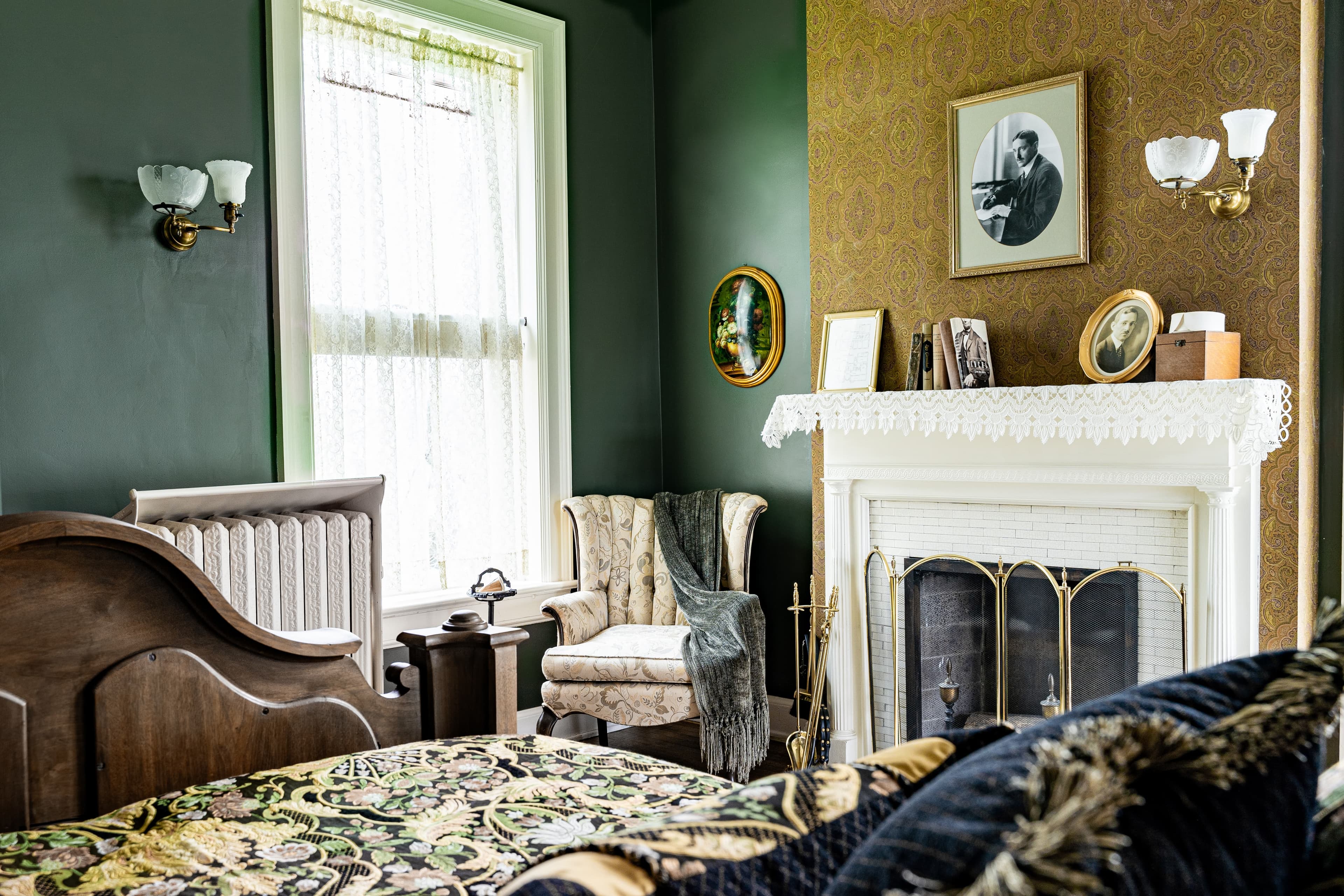 Carl's Room view of ornamental fireplace and sitting chair