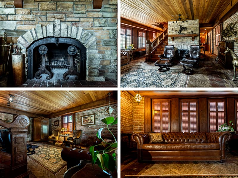 Common First Floor Sitting Area for Charlevoix and Fern Suites. Log Fireplace, south facing windows with wood and brick decor.