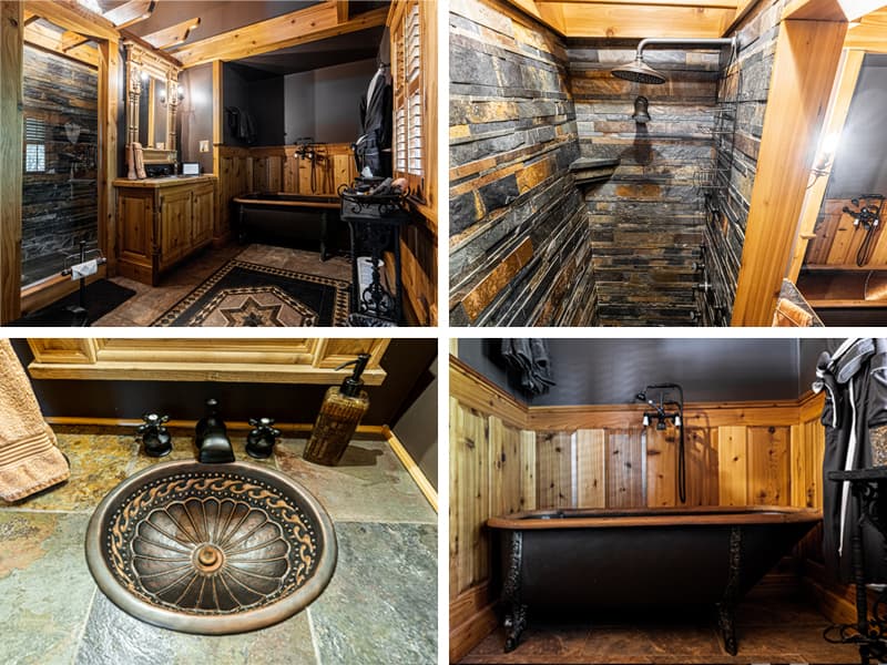 Charlevoix Bathroom; copper soaking tub, mirrored vanity and walk in multi jet body shower