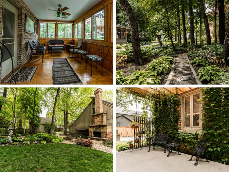 Outdoor spaces including the screened in patio, garden walking path, outdoor fireplace and patio