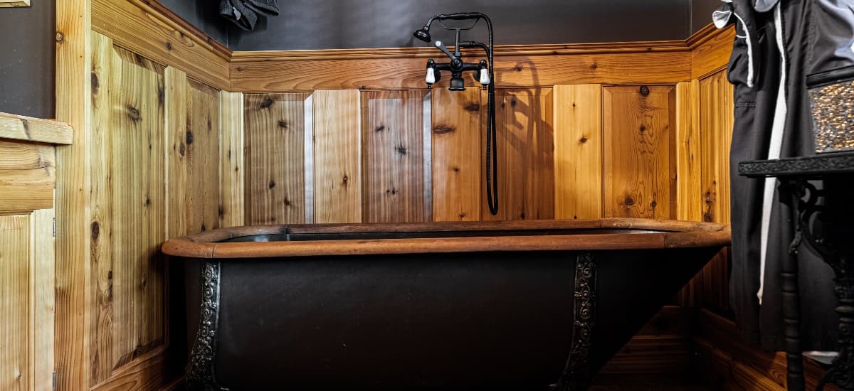A vintage-style bathtub sits against wooden paneling in a cozy bathroom.