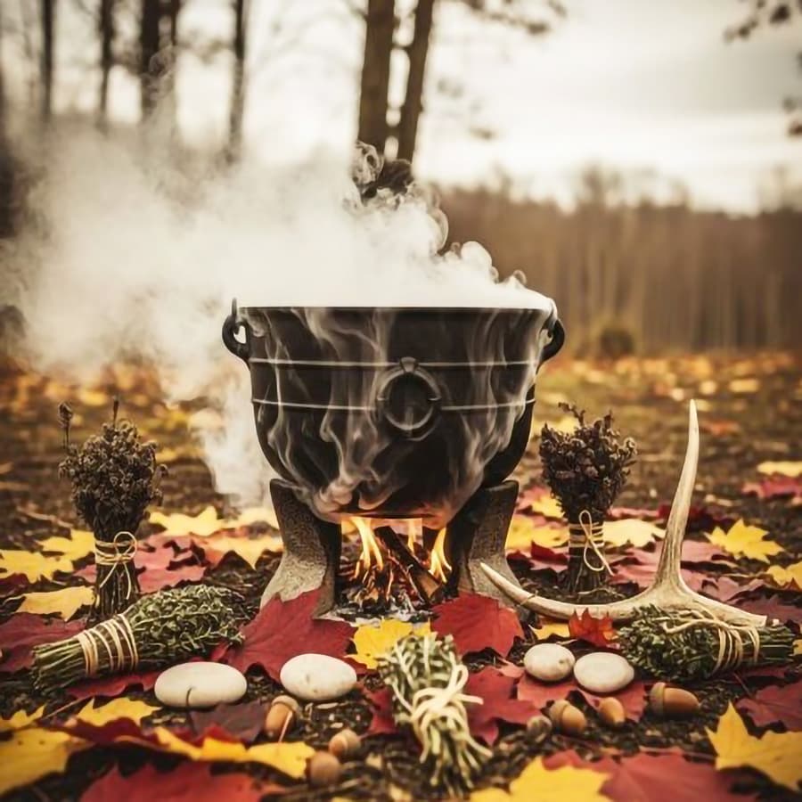 A smoky cauldron sits surrounded by autumn leaves, herbs, and natural elements in a forest setting.