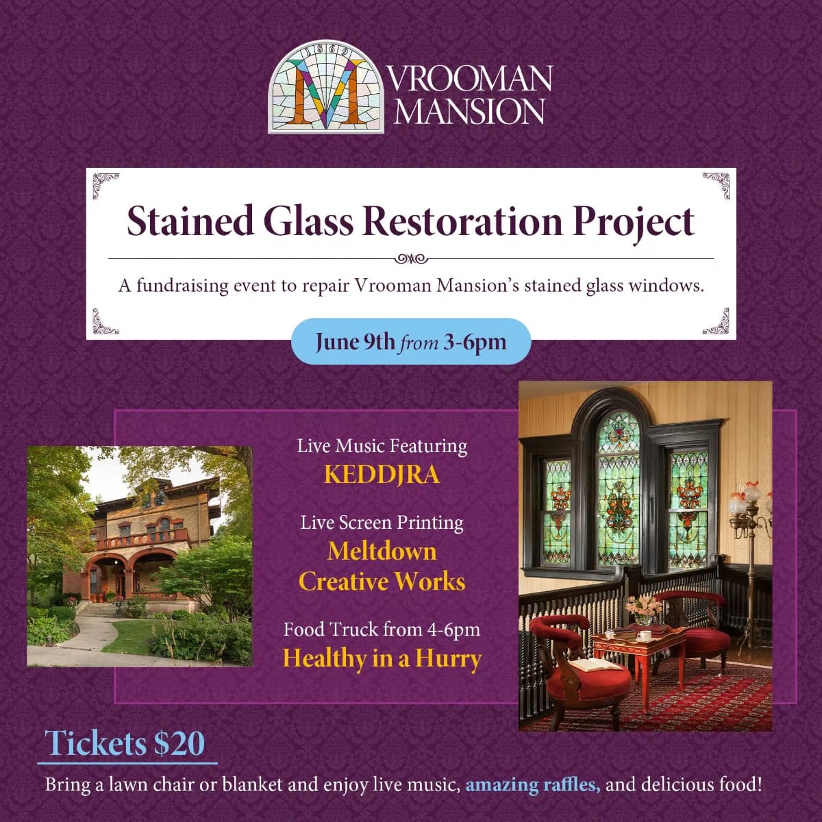 Promotional flyer for the Stained Glass Restoration Project at Vrooman Mansion, featuring event details and activities. Promotional flyer for the Stained Glass Restoration Project at Vrooman Mansion, featuring event details and activities.