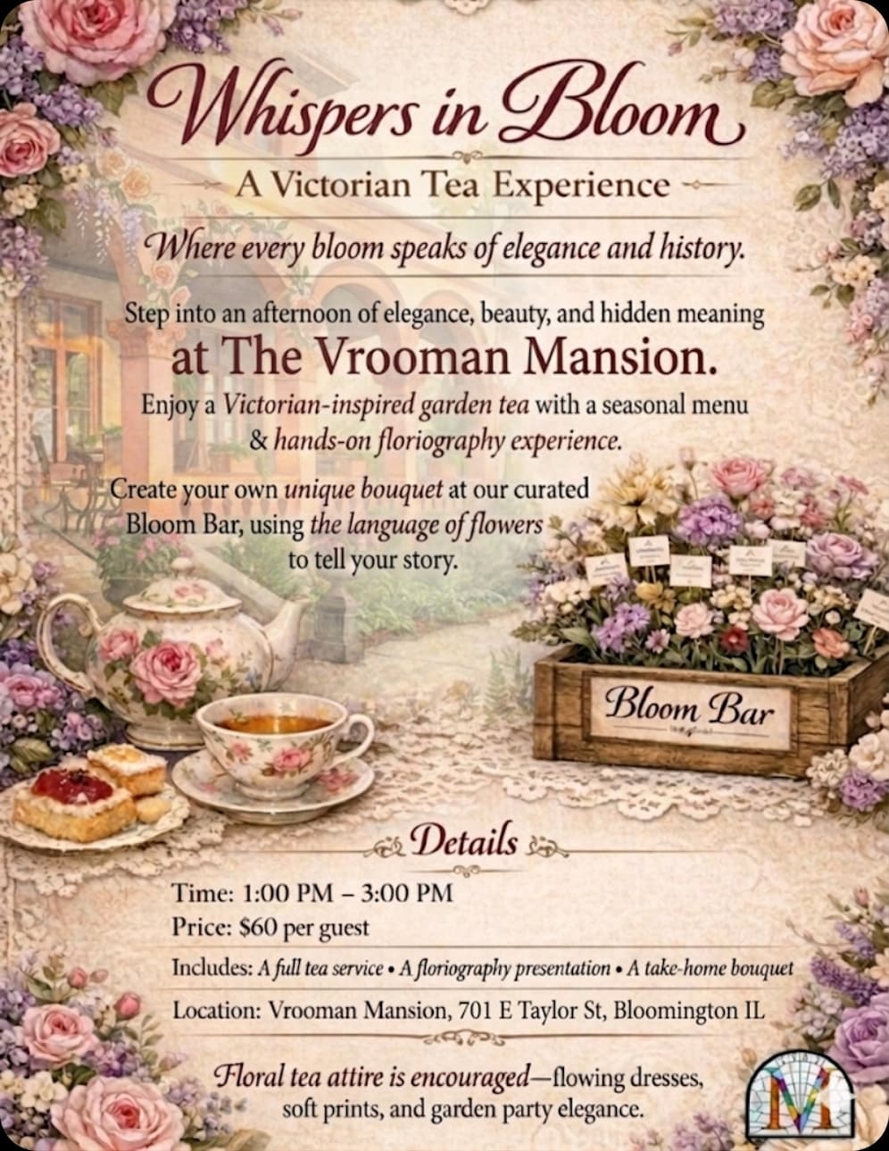 Promotional graphic for "Whispers in Bloom," a Victorian tea experience at The Vrooman Mansion, featuring floral arrangements and tea details.