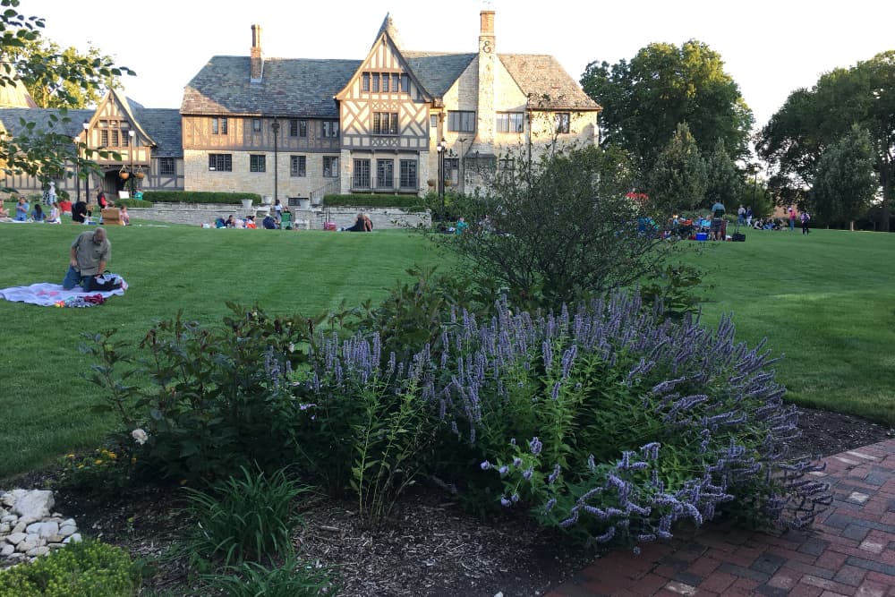 A lawn with blooming plants in the foreground and a large, historic building in the background, where people are gathered.