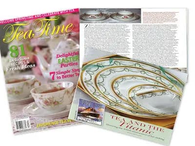 A magazine spread featuring "Tea Time," with articles on Easter recipes and a section about tea and the Titanic, alongside elegant teacups and saucers.