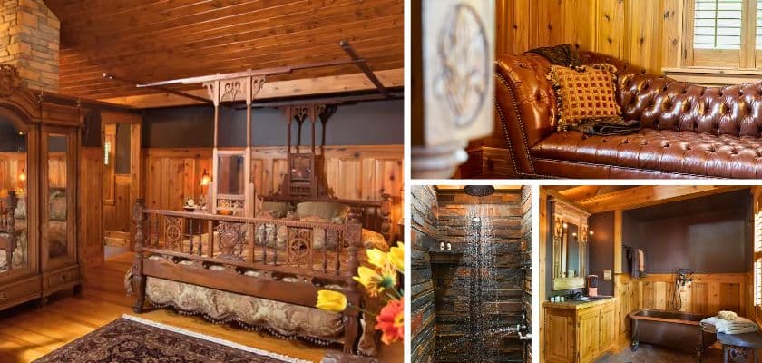Charlevoix Suite at Vrooman Mansion featuring a carved wood canopy bed, leather sofa, and stone walk-in shower.