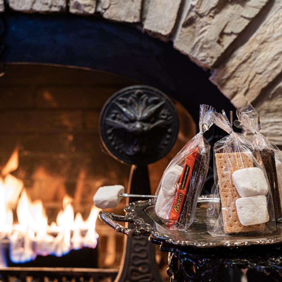 A tray with s'mores ingredients, including graham crackers, marshmallows, and a Reese's candy, in front of a glowing fireplace.