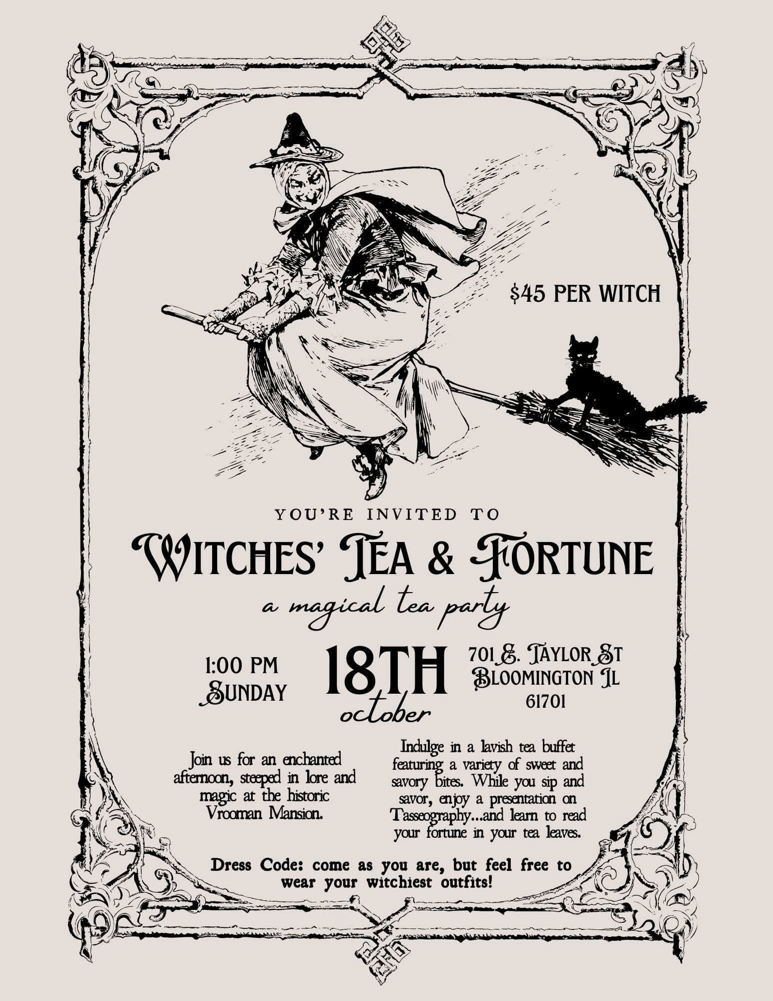Invitation to a Witches' Tea & Fortune party on October 18th at 1 PM in Bloomington, IL, featuring tea, fortune-telling, and a themed dress code.