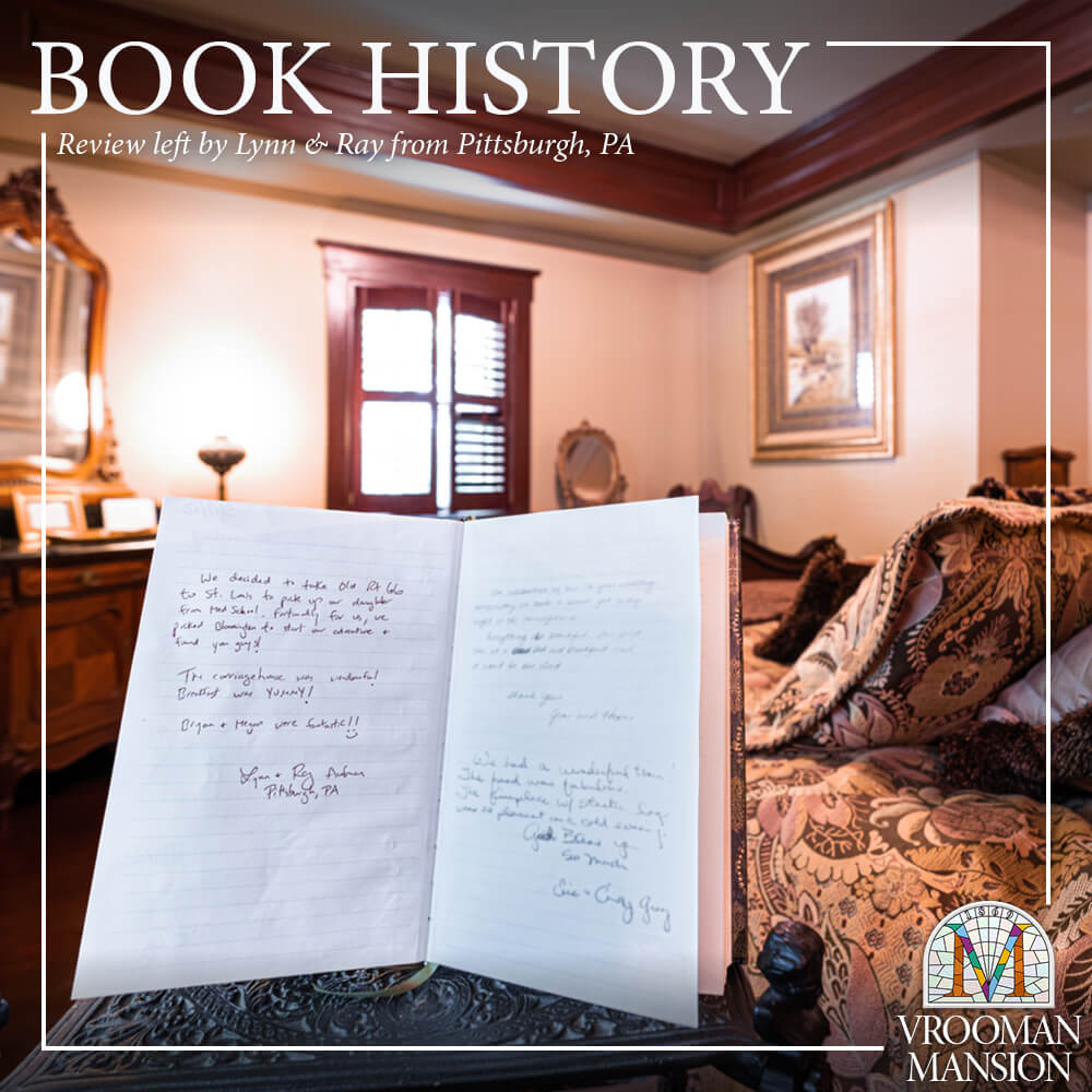 handwritten journal sits open on a table in the Fern Suite at Vrooman Mansion