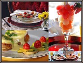 Picture collage; plates of fruit and a wine glass of melon balls